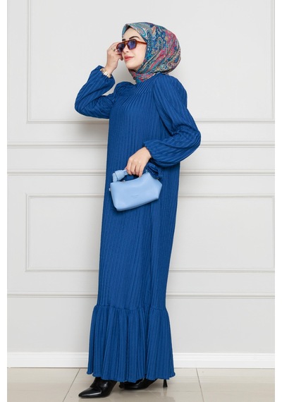 Sevitli Robalı Sahra Tesettür Elbise-mavi-4591 Mavi
