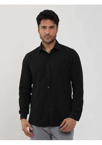 Dufy Siyah Erkek Slim Fit Gofre Desenli Brent Yaka Uzun Kol Gömlek - 104815-siyah Siyah