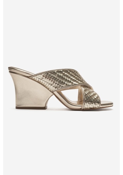 Luvi Shoes Lavean Altın Örgü Çapraz Bantlı Kadın Dolgu Topuklu Terlik