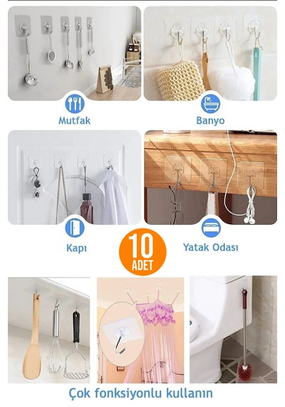 10 Adet - Kendinden Yapışkanlı Çok Amaçlı Kancalı Askı Şeffaf
