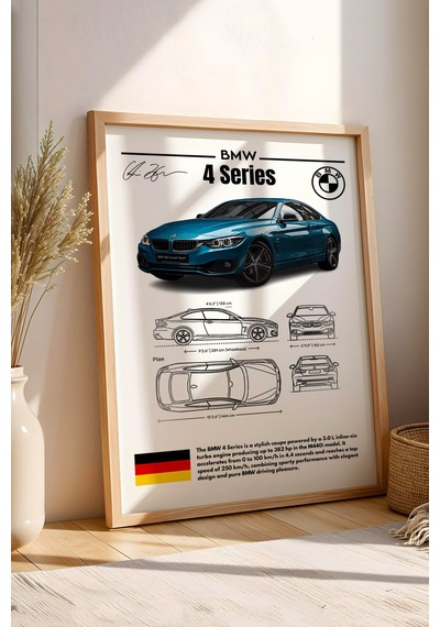 Bmw 4 Serisi Tablo - Teknik Özellikli Alman Spor Coupe Poster - Çerçeveli Duvar Dekoru - Blueprint Kayın