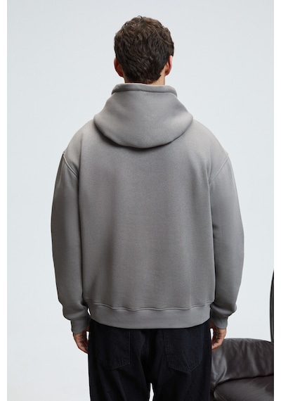 Grimelange JUSTUS Erkek Kapüşonlu Kanguru Cepli Fermuar Yakalı Koyu Gri Sweatshirt