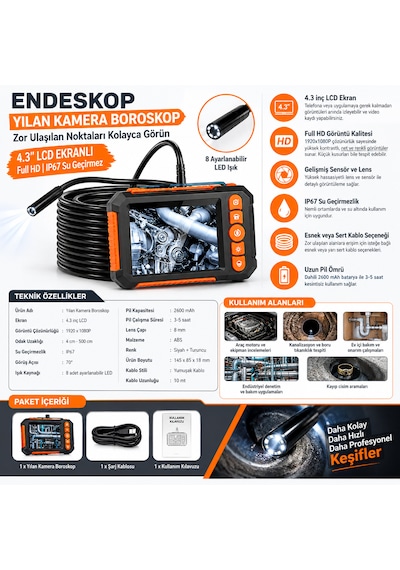 Endeskop Yılan Kamera Boroskop 4.3" Lcd Ekranlı, Full Hd, Ip67 Su Geçirmez 10 Metre