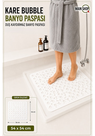 Mainshop Kare Bubble Banyo Ve Duş Paspası - 54 X 54 Cm Beyaz Kaymaz Mat M-149