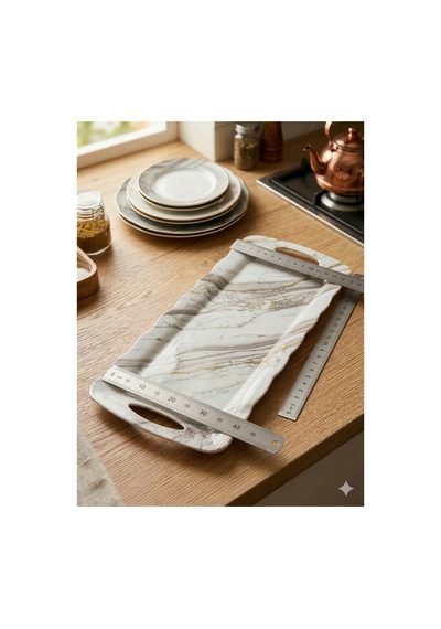 Melamin Mermer Desenli Dikdörtgen Sunum Tepsisi - 40x18 Cm - Dekoratif Servis Tabağı Şık İkramlık Çok Renkli