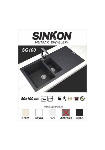 Sinkon Antrasit Granit Eviye 50 x 100 / 1.5 Göz - Sg100 - Sinkon