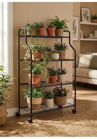 Modern Siyah 4 Katlı Tekerlekli Metal Çiçeklik Standı: Çok Amaçlı Mutfak,kitaplık&dekoratif Lüks Stand Siyah