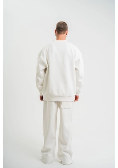Erkek Uzun Kol Bisiklet Yaka 3 İplik Pamuklu Kışlık Sweatshirt - Beyaz