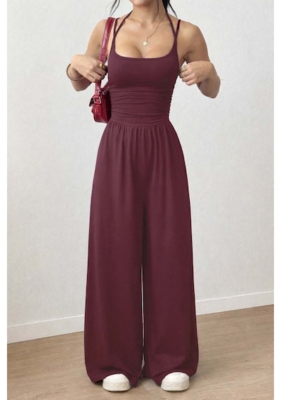 Efnaz Style Kadın Askılı Yuvarlak Yaka Uzun Viskon Tulum Bordo
