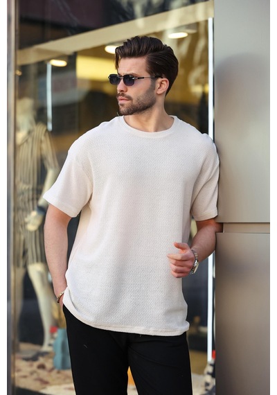 Madmext Ekru Bisiklet Yaka Oversize Erkek T-shirt E7134 Ekru