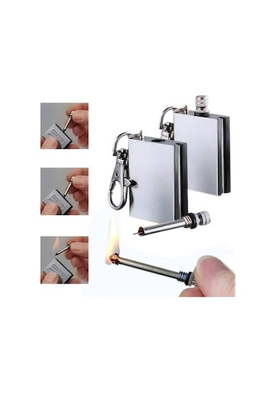 Benzinli Kibrit Çakmak Magnezyum Çubuklu Anahtarlıklı Benzinli Metal Kibrit Gümüş Açık Gri