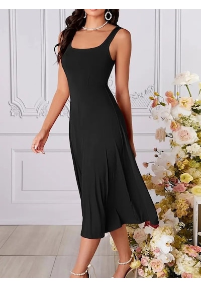 Efnaz Style Kadın Askılı Kare Yaka Yırtmaçlı Midi Janjan Krep Elbise Siyah