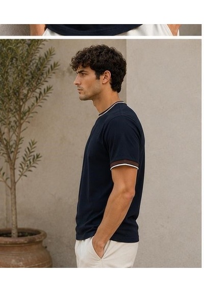 Ribana Erkek Kısa Kollu Bisiklet Yaka Şerit Detaylı Düz Renk T-shirt 4224 Lacivert