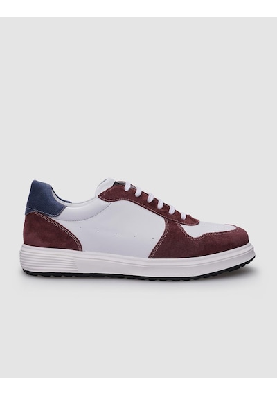 %100 Hakiki Deri Beyaz - Bordo Bağcıklı Erkek Sneaker-beyaz Beyaz