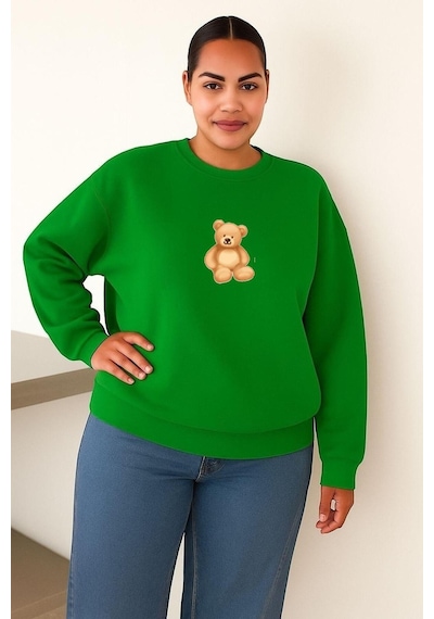 Benroma 3 İplik Penye Ayıcık Baskılı Büyük Beden Unisex Sweatshırt Yeşil