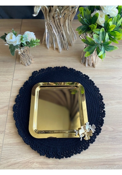 Atabey Home Collection 2 Adet Kahve & Çay & Sunum Tepsisi Gold Tepsi Kelebek Dökümlü