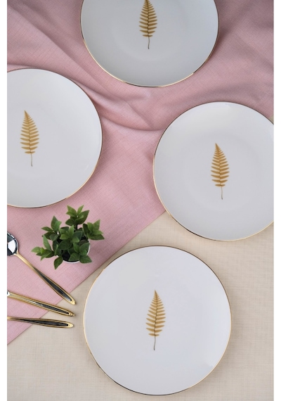 Tabak Evi Porselen Natura Fern Altın Yaldız Pasta Tabağı 20,50cm 4 Lü Çok Renkli