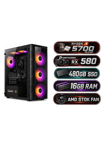 Ramtech RMT-N11F-10 R5-5500 16 GB 480 GB SSD RX580 Free Dos Masaüstü Oyuncu Bilgisayarı