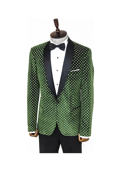 Wessi Nokta Desenli Slim Fit Koyu Yeşil Erkek Smokin Ceket Koyu Yeşil