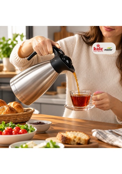 Kale Master 1,5 L Çelik Sürahi Termos Paslanmaz Çelik Vakumlu Termos, Sıcak Soğuk İçecek Servis Termosu, Çay Kahve Termosu-491 Gümüş
