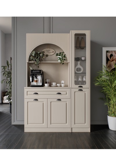Siena Kum Beji Midi Sağ Vitrinli 130 Cm Komple Mdf Led Aydınlatmalı Kahve Köşesi