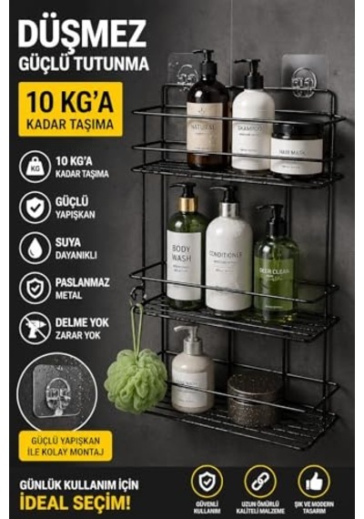 Sas Haus Yapışkanlı Banyo Rafı Siyah Delmeden Montaj Duş Şampuanlık, Paslanmaz Metal, Siyah Organizer Açık Ceviz