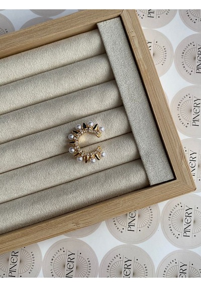 Yıldız İncili Taşlı Altın Kaplama Kadın Earcuff Kıkırdak Küpe Altın