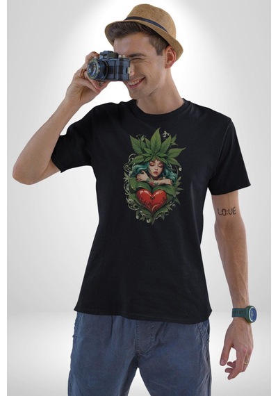 Kalp Parmak Kız Yeşillik Mutluluk Unisex Unisex Siyah Organik Baskılı T-shirt Penye Yüksek Kalite Siyah