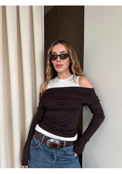 Laluvia Kahverengi Beyaz Atletli Kayık Yaka Bluz - 0780 Kahverengi
