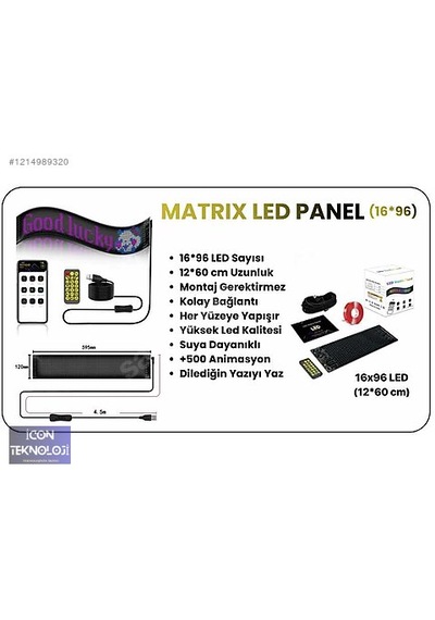 Led Matrix Panel Cama Telefon Kontrollü Led Ekran Panel Boy 16x96 Siyah