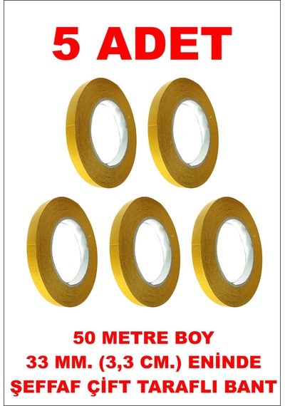 Çift Taraflı Şeffaf Bant 50 M. 33 Mm 5 Adet