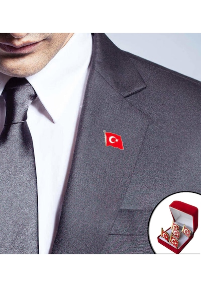 Türk Bayraklı Yaka Rozeti Şık Kutu 5 'li Altın