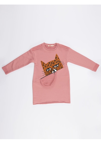 Pembe Leopar Cepli Uzun Kollu Kız Çocuk Elbise