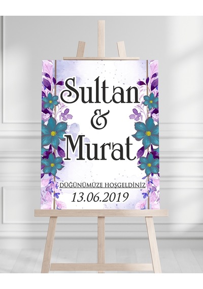 Söz Nişan Düğün İçin 50x70 Karşılama Panosu - Renkli Çiçek Tasarımlı 002 Beyaz