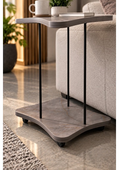 Sulorahome Yan Sehpa - Tekerlekli Metal Ayaklı Servis Sehpası Gri Mermer