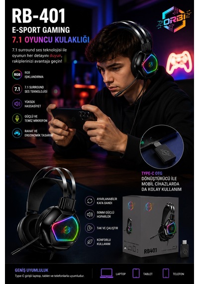 Rb401 Rgb Aydınlatmalı Mikrofonlu Gaming Oyuncu Kulaklığı Type-c Otg İle Usb 7.1
