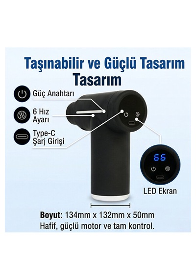 Sıcak & Soğuk Kompresli Masaj Tabancası 6 Başlıklı Akıllı Led Ekranlı Şarjlı Masaj Aleti