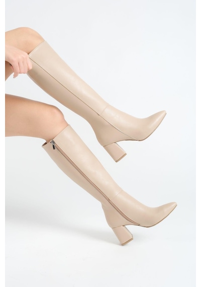 Mubiano Mbzfr5012d-n Kadın Nude Fermuarlı Sivri Burun 6 Cm Blok Topuklu Uzun Çizme Nude