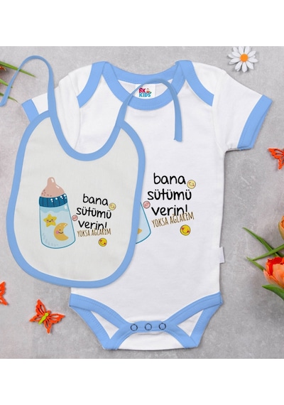 Bk Kids Bana Sütümü Verin Tasarımlı Mavi Bebek Body Zıbın Ve Mama Çok Renkli