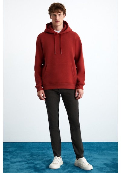 Grımelange Yokohama Erkek Içi Polarlı Yumuşacık Regular Kanguru Cepli Kapüşonlu Kiremit Rengi Sweatshirt