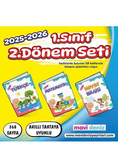 Mavi Deniz 2026 1. Sınıf 2. Dönem Türkçe + Matematik + Hayat Bilgisi 3 Kitap Seti Güncel Müfredat