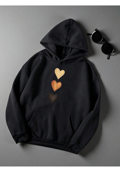 Uyguntarz Unisex Sirali Kalp Baskılı Oversize Sweatshirt siyah