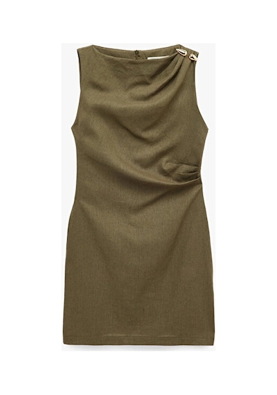 Koton Keten Karışımlı Slim Fit Drapeli Yuvarlak Yaka Metal Aksesuarlı Kolsuz Mini Elbise Kahverengi Koton Keten Karışımlı Slim Fit Drapeli Yuvarlak Yaka Metal Aksesuarlı Kolsuz Mini Elbise Kahverengi