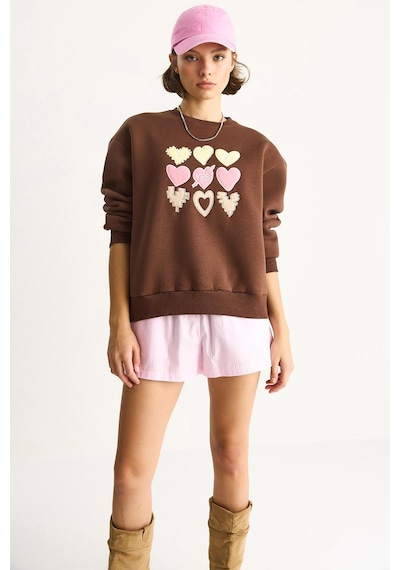 Shade Kadın Bisiklet Yaka Kalp Nakışlı Şardonlu Üç İplik Sweatshirt 6875 60283520 - Kahverengi