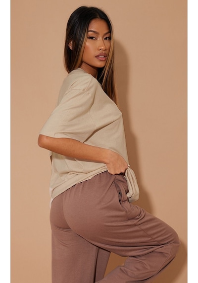 Düz Süprem T-shirt - Bej Oversize Bisiklet Yaka Kısa Kol Tişört Bej