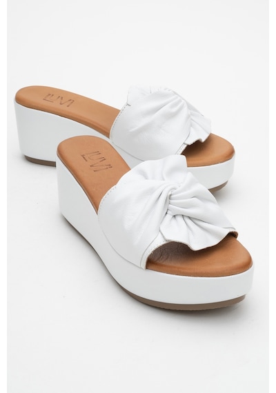 Luvishoes Luvi Shoes Jeff Beyaz Cilt Hakiki Deri Fiyonklu Kadın Dolgu Topuklu Terlik Beyaz