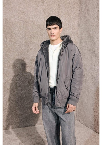 Defacto Su İtici Oversize Fit Geniş Kalıp Kapüşonlu Çift Taraflı Fermuarlı Cepli Mont F5721ax25wngr311 Gri-gr311