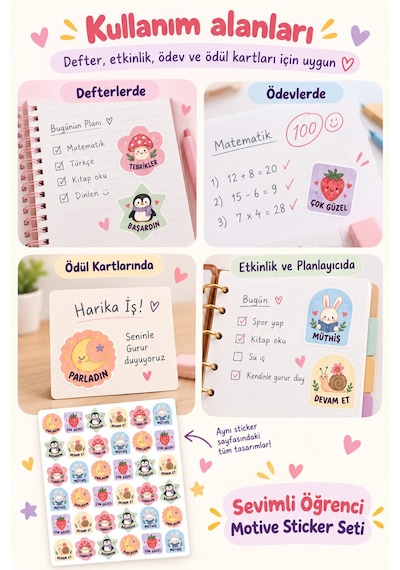 Sevimli Öğrenci Motivasyon Sticker Seti 42 Adet 1 Sayfa Tebrikler, Başardın, Devam Et Ve Ödül Etiketleri Çok Renkli