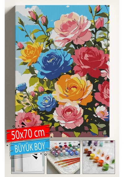 Sayılarla Boyama Seti Numaralı Tuval Fırça Boya Dahil Kasnaklı Set 50x70 Cm - Güller