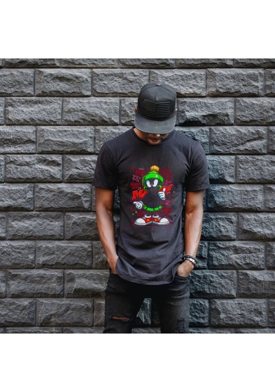 Freedom Store Marvin The Martian Graffiti Baskılı Unisex Siyah Tişört - 24/1 Penye Pamuklu